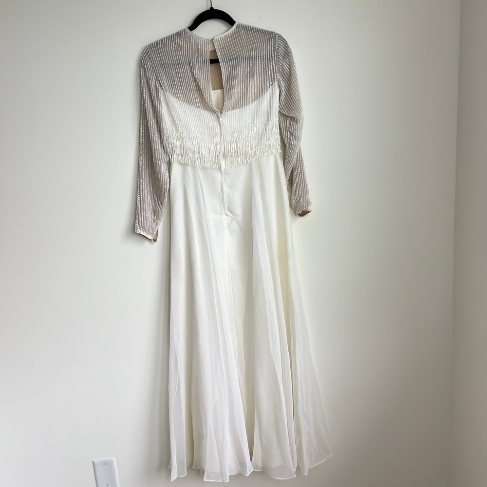 Vintage Jack Bryan Fringe‎ Beaded Long sleeve Ivory Party Wedding Formal Gown - Picture 8 of 13